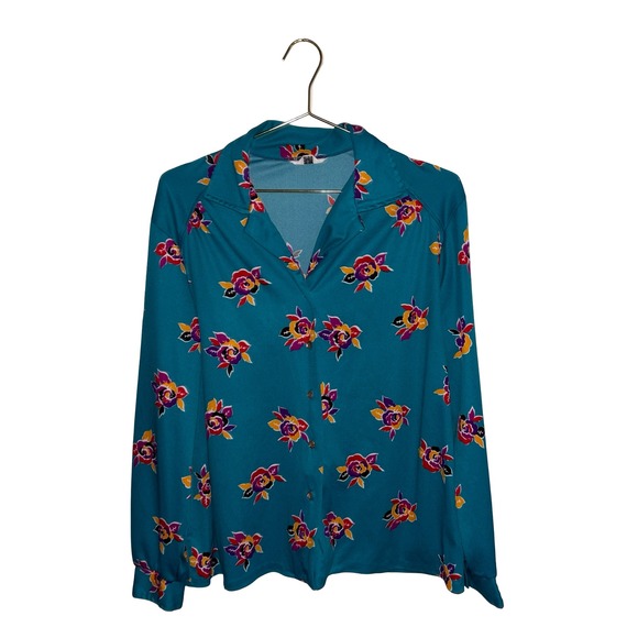 Vintage Tops - Vintage Teal Floral ButtonUp Blouse LongSleeve Retro Rose Print Top Size P2P 25"